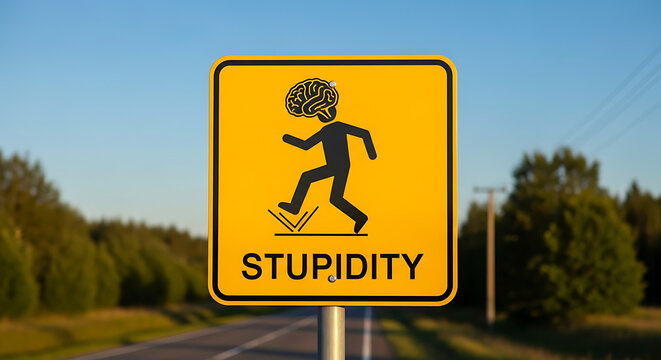 Humorous Warning Road Sign Depicting Stupidity and Human Ignorance Symbolized on Yellow Diamond Caution Traffic Plate for Metaphorical Safety Messaging in Conceptual Art Style.