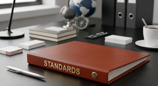 Professional Business Standards Document Folder with Text Label on Office Desk Representing Quality Control, Compliance, Regulatory Protocol, and Corporate Management Excellence