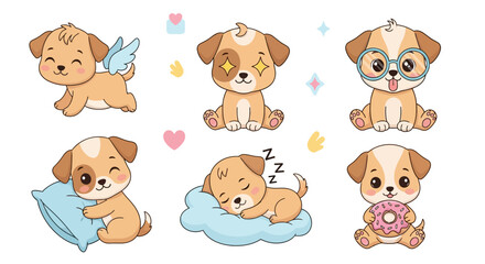 Fototapeta premium Cute cartoon puppy sticker set with various poses and accessories