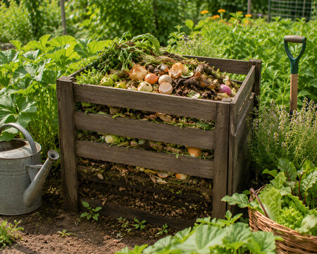 Przydomowy kompostownik ogrodowy wypełniony odpadami organicznymi jako źr&oacute;dło naturalnego nawozu.
