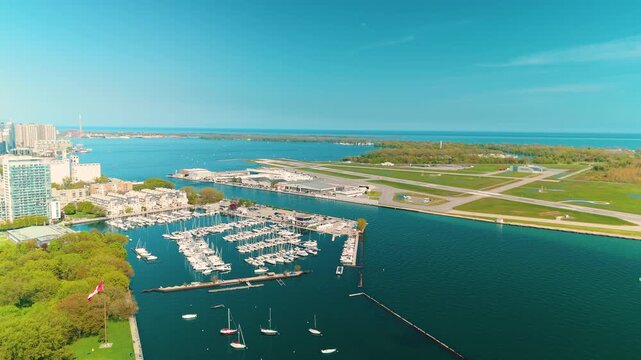 Toronto Billy Bishop Airport Harbour Marina Spring Aerial Drone 4K