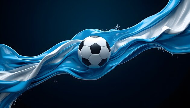 Soccer Ball Emerging from Flowing Argentina Flag Blue and White Liquid Ribbon on Dark Background &ndash; Dynamic Football Sport Concept Photo Perfect for Sports Poster