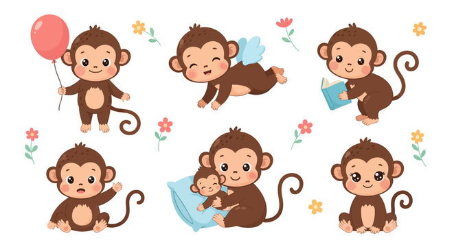 Cute Cartoon Monkey Collection Playing and Sleeping
