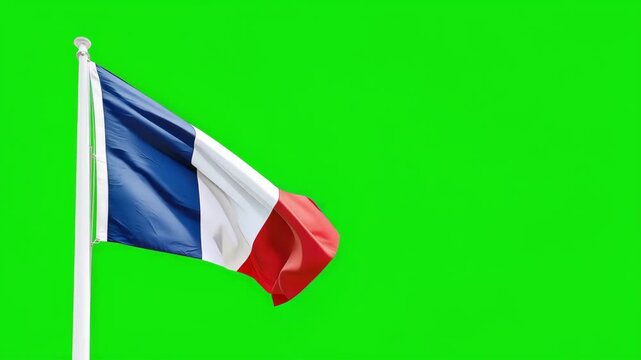 France Flag Waving on Green Screen Background, Animated French National Banner with Realistic Fabric Motion and Chroma Key Effect for Patriotic, Broadcast and Video Editing Projects
