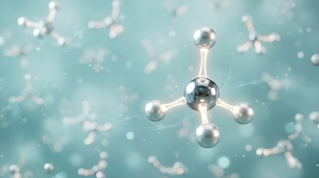 3D render of a methane molecule structure floating in a microscopic scientific background