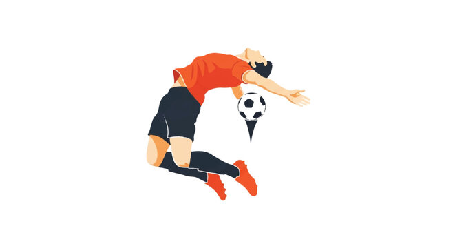 A soccer player jumping with arched back to control a descending ball with the chest, arms spread for balance, suspended in mid-air. Powerful and graceful athletic pose. Palette of vibrant