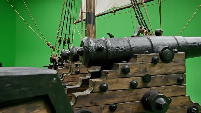 Closeup of a vintage cannon on a wooden pirate ship deck against a green screen.