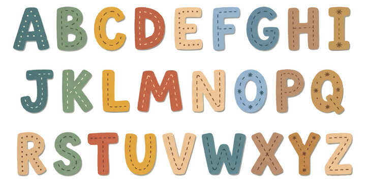 Colorful alphabet letters with stitched embroidery style design