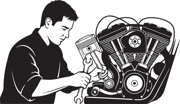 Mechanic repairing motorcycle engine with wrench and piston