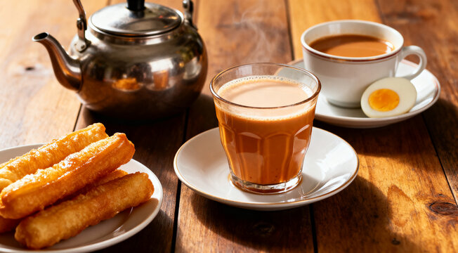 Rustic Thai breakfast table, coffee, tea, patongko, vintage style