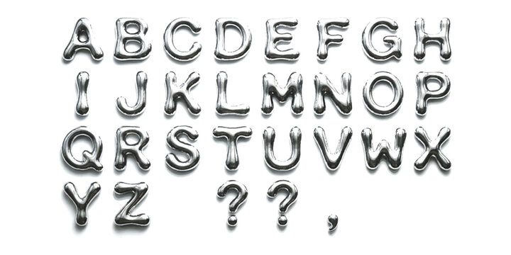 Set of shiny silver metallic alphabet letters and punctuation marks for celebration designs
