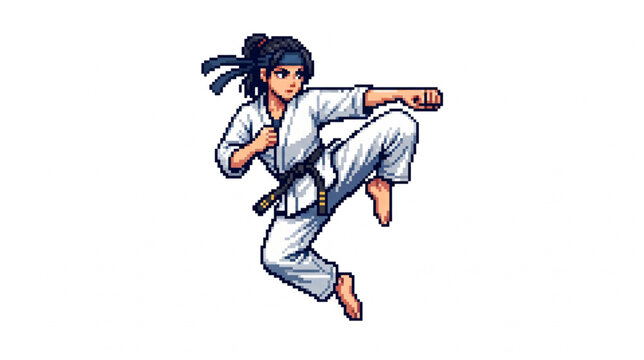 Pixel art female karate martial artist performing flying kick vector