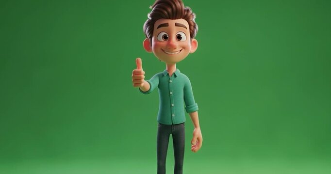 Animated cartoon character giving thumbs up on green backdrop
