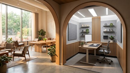 Fototapeta premium Modern office interior with arched doorways, flooded with natural light, showcasing a collaborative lounge and private workspace