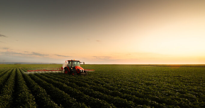 Modern agriculture tractor spraying crops in soybean field
