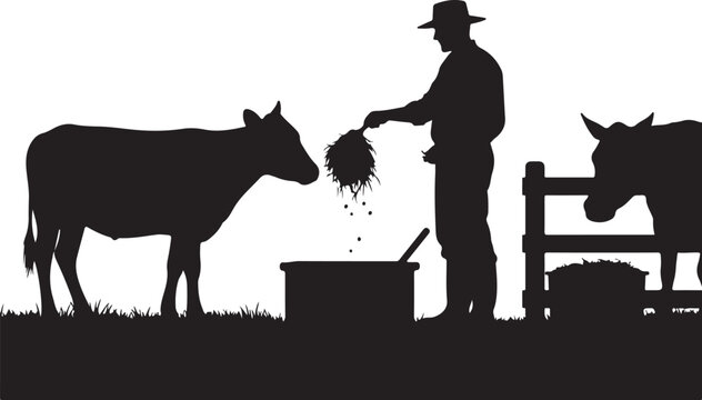 Black silhouette of man feeding hay to cow and donkey