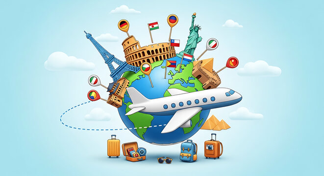 Cinematic 3D rendering of a modern jet airliner cruising above majestic clouds during a sunny day, symbolizing international tourism, global aviation adventure, and summer vacation journey.