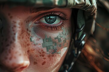 Obraz premium Close up of determined female soldier with camouflage face paint, embodying strength, courage, and resilience in military service
