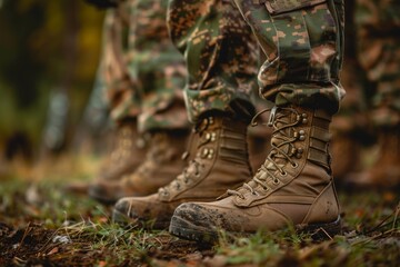 Obraz premium Close up of soldiers' feet wearing muddy combat boots during military training or exercise