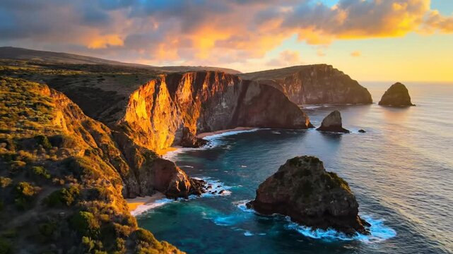 Coastal cliffs at sunset with golden light illuminating the ocean landscape and sea stacks
