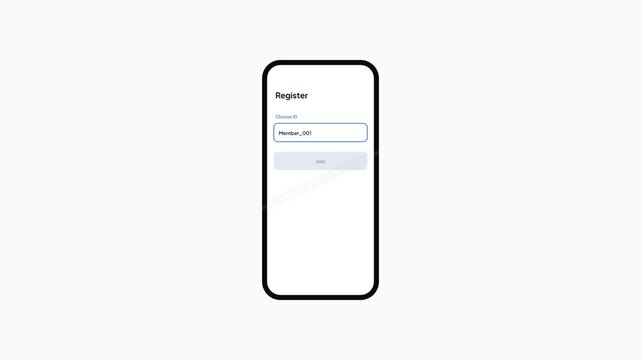 Digital registration form user interface animation showing member ID input field submission followed by a processing loader and success screen
