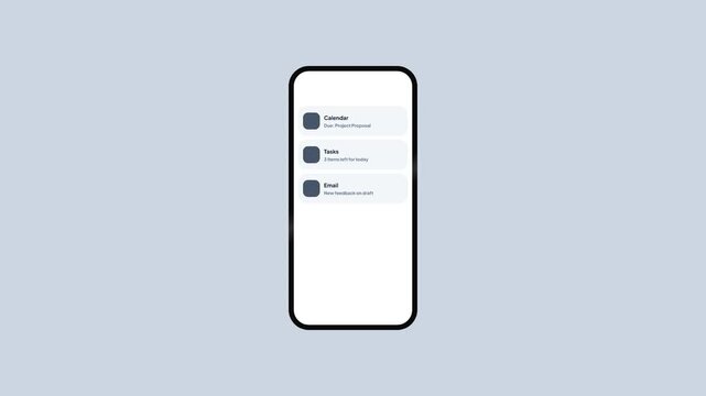 Minimalist smartphone UI animation displaying productivity notifications including calendar event, task list, email feedback, and focus mode status leading to meeting ready confirmation screen