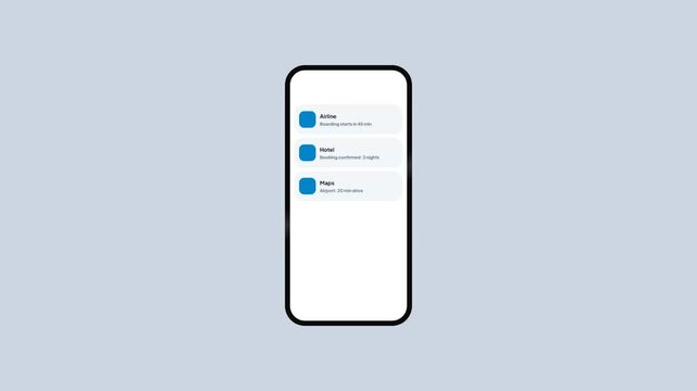 Mobile application interface animation showing travel notifications for airline boarding time, hotel booking, maps route, and Tokyo weather forecast leading to flight check-in open status