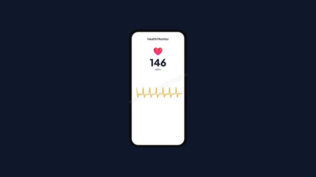 Animated health monitor app interface showing real-time high heart rate at 140 bpm with cardio zone pulse wave graph on smartphone screen
