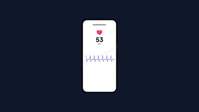 Sleep tracking mobile app interface animation illustrating optimal deep sleep phase with low heart rate and calm pulse wave graphics on device screen