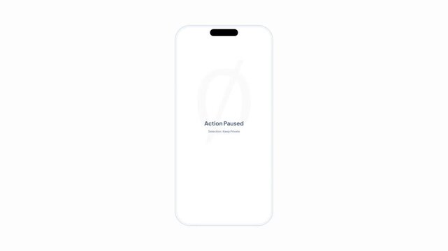 User interface privacy modal dialog prompt on white mobile phone screen, minimalist app design for identity sharing confirmation with action paused state animation, UX UI design loop template.