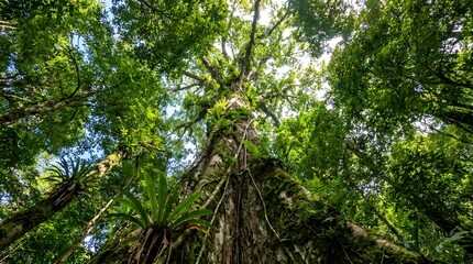 Fototapeta premium Ancient tropical jungle tree seen from low angle