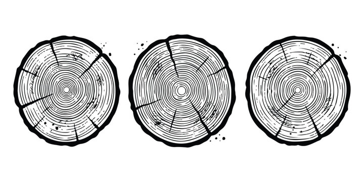Three round tree trunk cross sections with detailed growth rings in a hand drawn sketch style