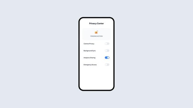 Mobile App UI Concept of Privacy Center Dashboard Toggling Camera Privacy Mode to System Secured Status in Flat Minimalist Design