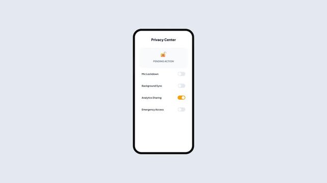 Mobile App UI Concept of Privacy Center Dashboard Toggling Microphone Lockdown Mode to System Secured Status in Flat Minimalist Design