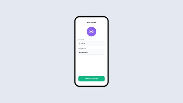 Minimalist audio engineer profile management settings page mockup showing editable text field interactions with saving progress state and profile updated confirmation button notice animation