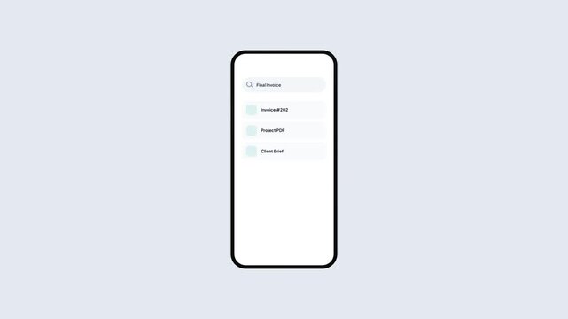 Document search interface. Mobile file search UI. Invoice lookup screen. Smartphone document results. Digital file discovery. Search bar animation. Modern app design.