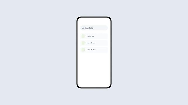 Smartphone Screen with Food Search Interface Typing Vegan Salad to Display Recipe Options in Vector Animation Style
