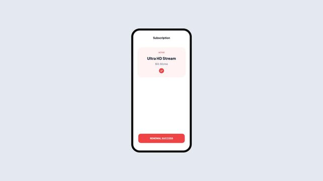 Mobile App UI Animation of Subscription Renewal Flow for Video Streaming Service with Notification Pop Up Card and Success Message Modal