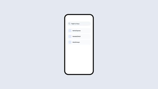 Mobile App UI Animation of Flight Search Engine Autofill Dropdown Recommendation List on Smartphone Screen Preview