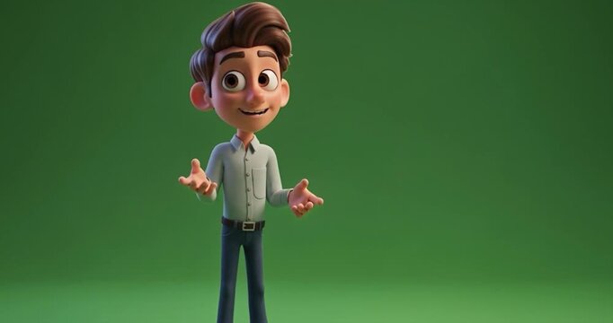 Animated cartoon character posing on green screen background