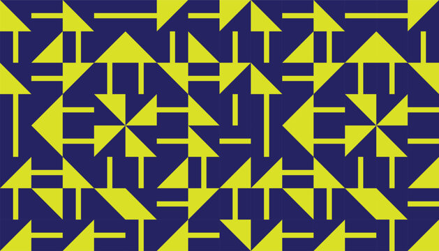 Seamless geometric pattern with abstract arrow and triangle elements, modern repeating background in lime yellow and dark blue
