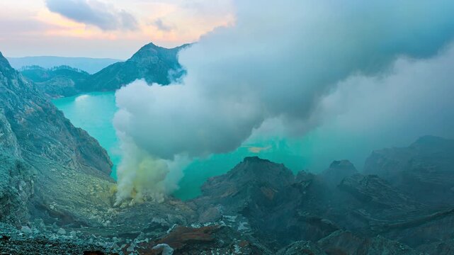 Sulfur fumes from the crater of Kawah Ijen Volcano in Indonesia.