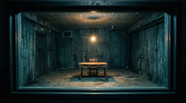 A weathered wooden table and a simple matching chair stand centrally illuminated by a solitary hanging light bulb in this moody cinematic dark interior room setting.