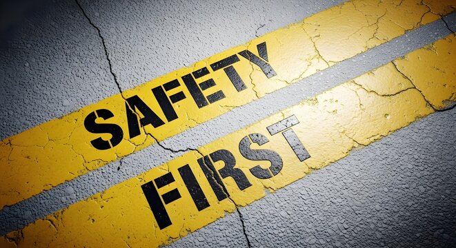 Safety first text written on cracked yellow road marking lines
