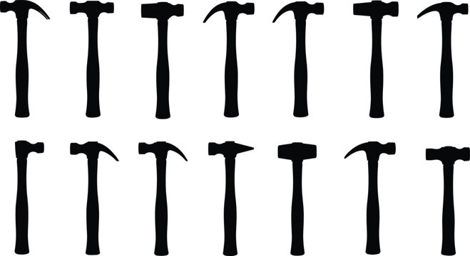 Set of black hammer silhouettes, various carpenter tool icons, construction hardware vector illustrations for DIY renovation, woodworking equipment, and industrial repair service graphics.