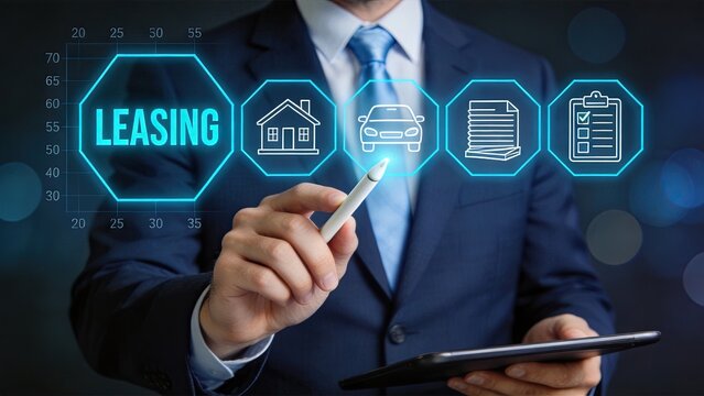 Businessman using digital interface for leasing concept, selecting house and car icons on virtual screen with stylus pen, financial service technology.