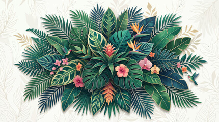 Naklejka premium Exotic botanical arrangement with vibrant tropical leaves and blooming flowers