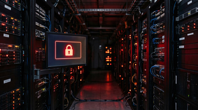 A sleek black computer monitor displays a glowing red digital padlock icon representing critical cybersecurity breach warnings inside a dark and sophisticated high tech server.