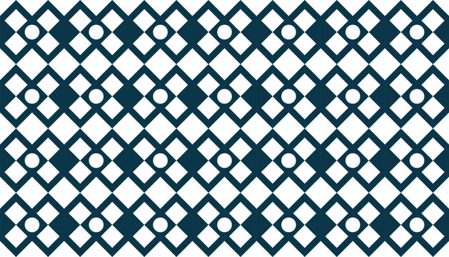 Seamless geometric pattern with abstract floral-inspired cross and circle shapes, modern repeating background in dark blue and white