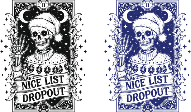 Skeleton Tarot Card Dropout Halloween Vector Illustration in Dark Gothic Style